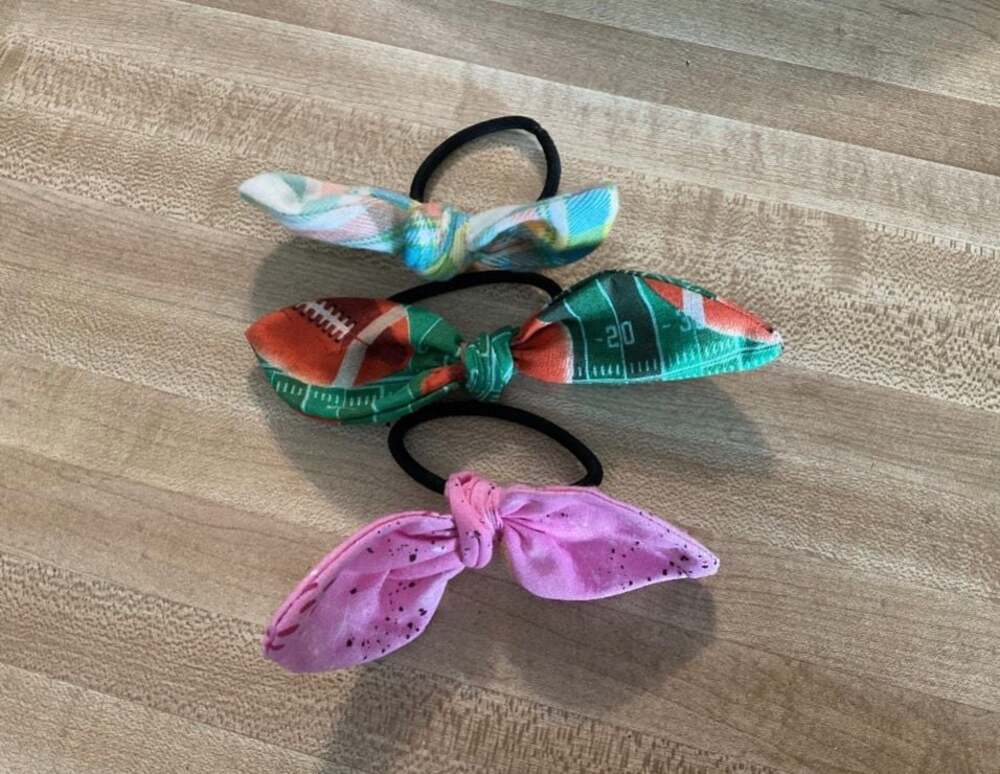 Set of 3 Assorted Fabric Bow Hair Ties, Football, Plaid, and Pink Spatter Patter